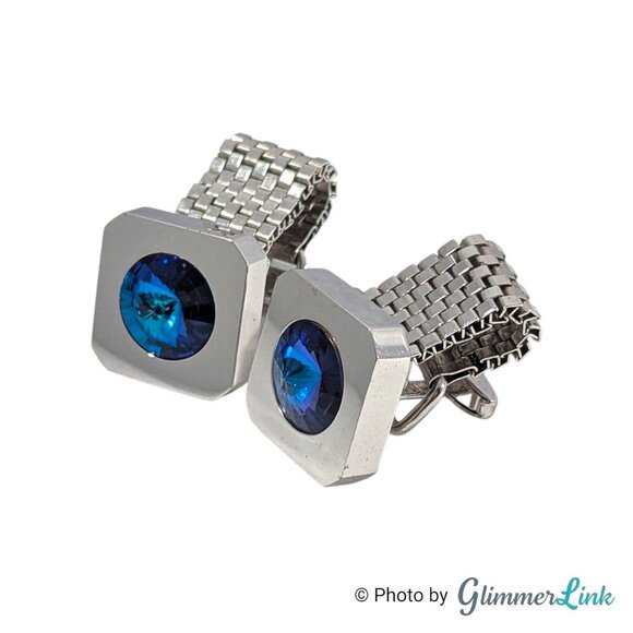 Vintage Foster Blue Rivoli MCM Silver Tone Cufflinks with Detachable Mesh Wrap - Picture 4 of 11